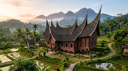 Fototapeta premium Traditional Minangkabau House and Rice Terraces at Sunrise, West Sumatra, Indonesia
