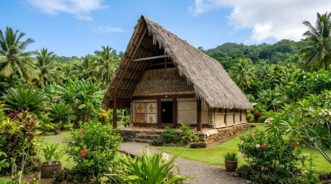 Traditional Fale House in Tropical Lush Green Landscape