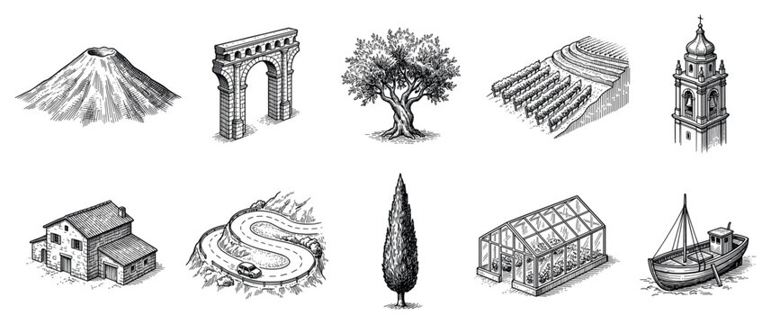 Italian landscape icons set. Mediterranean travel and culture concept. Includes volcano, aqueduct, olive tree, vineyard, bell tower, house, winding road, cypress, greenhouse, fishing boat