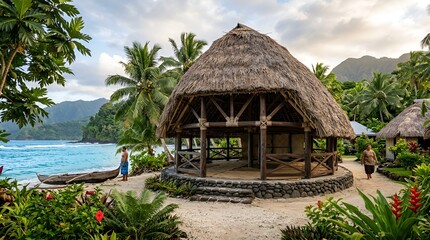 Fototapeta premium Tropical Fale Hut on Sandy Beach with Ocean and Lush Green Mountains Background