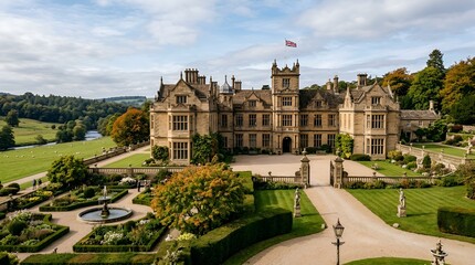 Fototapeta premium Historic Castle Estate with Gardens and Rolling Countryside, UK