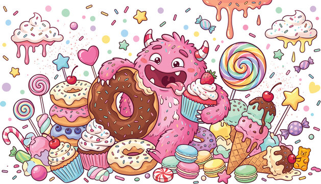 Cute pink candy monster vector illustration eating donut cupcakes lollipop macaron sweets cookies and ice cream dessert background