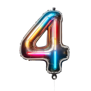 Vibrant number four neon balloon glowing with pink and blue light. fun font for happy party celebration