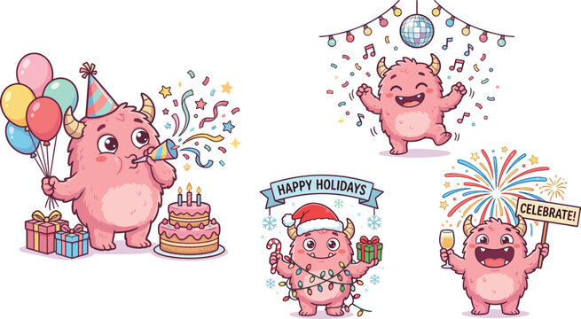 Cute pink monster character party vector set celebrating birthday Christmas and New Year with balloons cake fireworks and dancing