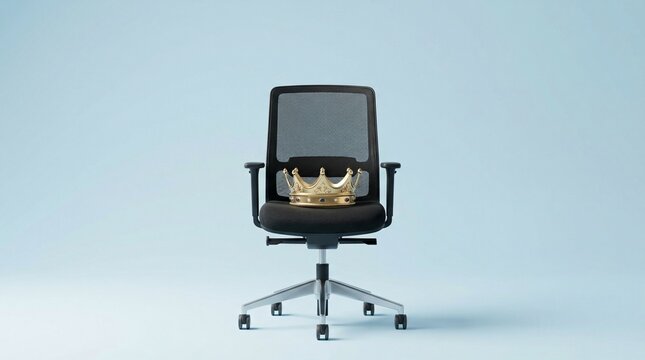 Golden crown on black office chair over blue background conceptual representation of business leadership