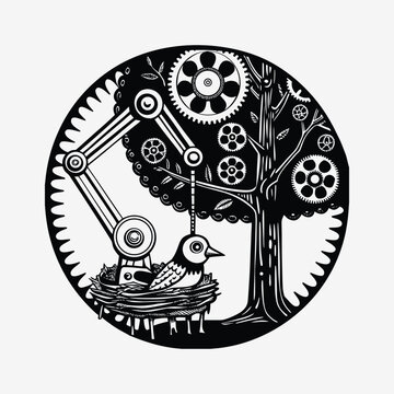 Mechanical bird sitting inside a nest next to a tree with clockwork gear elements.