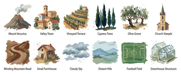 Fototapeta premium Italian landscape icons set. Rural and natural scenery concept. Includes volcano, village, vineyard, cypress trees, olive grove, church, road, farmhouse, clouds, hills, football field,