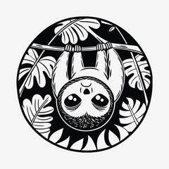 Obraz premium Cute sloth hanging upside down on tree branch with tropical leaves circular frame.