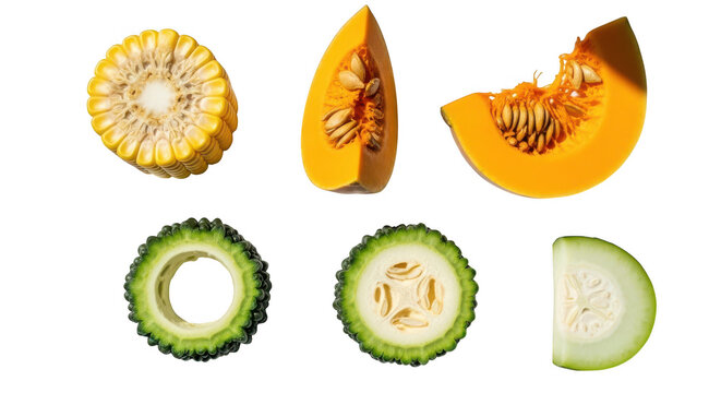 Fresh slices of pumpkin corn and bitter melon vegetables