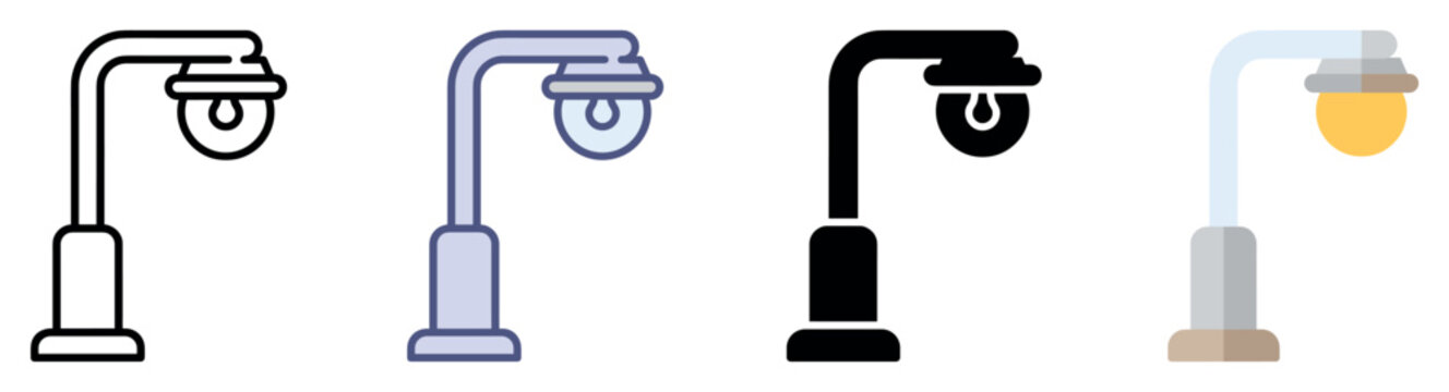 Street light icons set. Urban illumination and outdoor lighting concept. Includes lamp post, light fixture, bulb, pole, base, arm. Flat, line, and solid styles