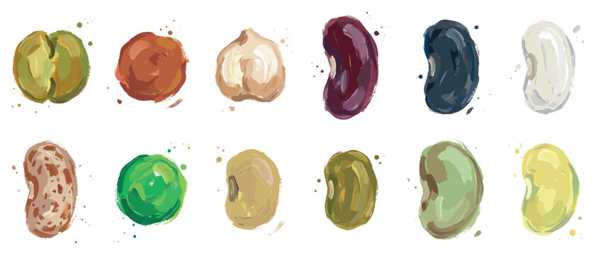 Legume icons set. Healthy food and plant-based diet concept. Includes green pea, lentil, chickpea, kidney bean, black bean, white bean, pinto bean, soybean. Watercolor style