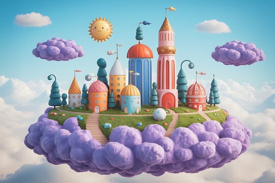 Three dimensional style fantasy village on purple cloud with grassy paths and smiling sun in clear blue sky during daylight hours.