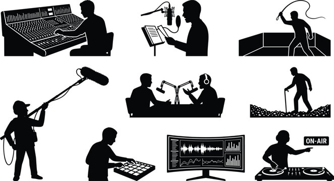 Set of black silhouette icons depicting audio production and sound engineering professionals