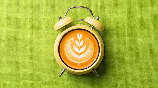 Yellow alarm clock with latte art on green textured fabric
