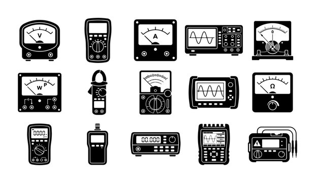 Electrical measuring instruments icon set, 15 black vector icons of multimeter and oscilloscope, professional laboratory testing equipment