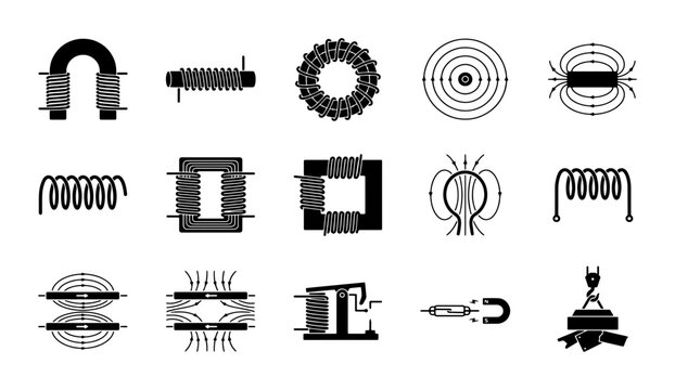 Electromagnetic induction icons set, physics magnetic field diagrams and copper coil symbols, 15 black vector elements for science education
