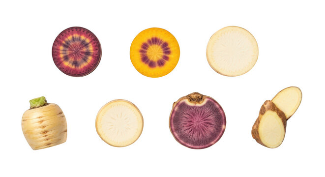 Fresh celeriac root vegetable slices and whole pieces
