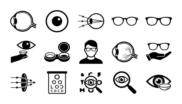 Ophthalmology and eye care icon set, 15 black vector icons for optometry and vision health, medical eye exam and glasses symbols