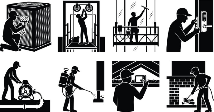 Set of black silhouette icons of building maintenance and repair service workers
