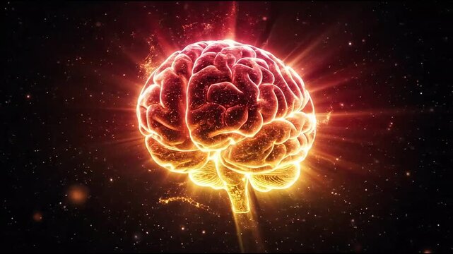 Glowing orange digital brain with neural network background.