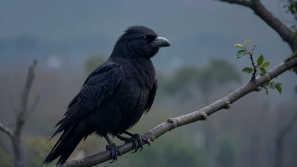 Fototapeta premium A Close-up Portrait Of A Black Crow Perched On A Tree Branch In A Misty Forest Setting