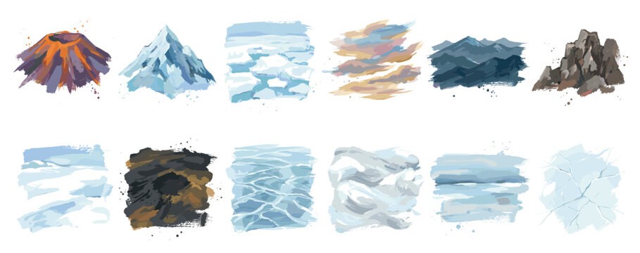 Nature landscape icons set. Elements of natural scenery concept. Includes volcano, snowy mountain, ice floe, clouds, rock, snow, earth, water, wind, fog, cracked ice. Watercolor brush stroke