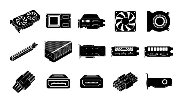 Computer hardware components and GPU parts set, 15 black vector icons of video cards and electronic connectors, PC gaming hardware collection