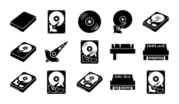 Hard drive icon set with 15 computer storage elements, black silhouette HDD and SSD vector symbols, digital data hardware icons for technology design