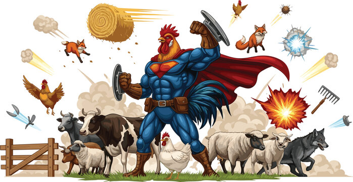 Muscular rooster superhero vector protecting farm animals from foxes and explosions with cape and shield in action comic style illustration