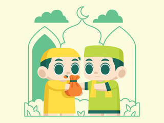 Two cartoon Muslim boys exchanging zakat money in front of a mosque, representing Islamic charity.
