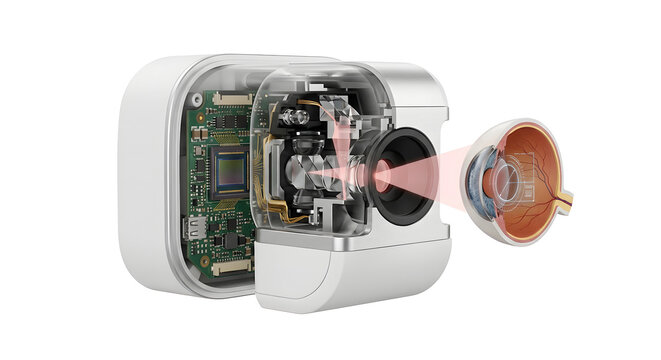 Detailed 3D render of an infrared pupillometry measurement device and human eye cross-section, suitable for science education, isolated on a white background