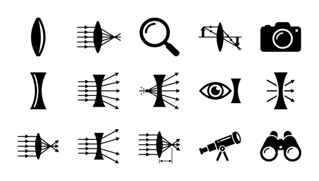 Optical physics lens icons set, 15 black vector symbols of concave and convex lenses, light refraction diagrams for science and photography education