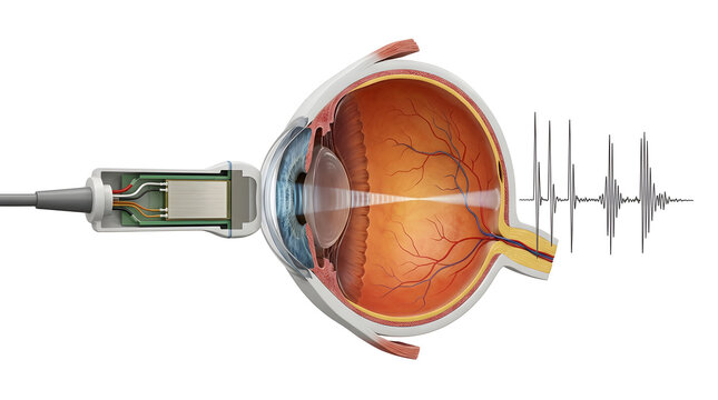 3D Render of Human Eye Anatomy and A-Scan Ultrasound Biometry for Axial Length Measurement, suitable for science education, isolated on white background.