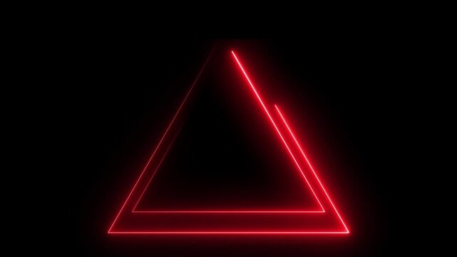 Neon triangle frame icon animation glowing red color line triangle shape on black background