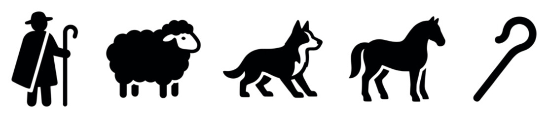 Obraz premium Farm animal icons set. Agricultural livestock and rural life concept. Includes shepherd, sheep, dog, horse, shepherd's crook. Solid black silhouette style