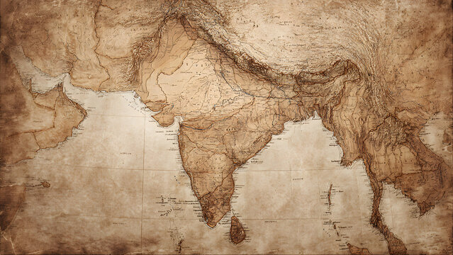 Vintage style ancient map of South Asia and India on aged parchment paper