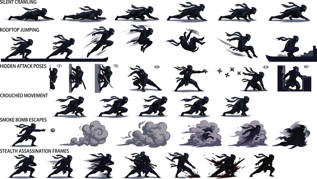 Ninja character sprite sheet vector set with stealth assassination crawling smoke bomb escape and rooftop jumping animation assets