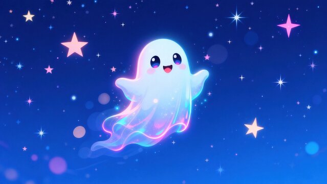 Cute ghost floating in starry sky