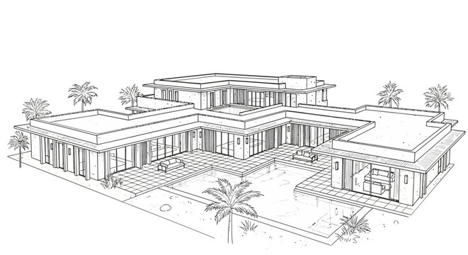 Modern luxury villa architectural line drawing sketch of a contemporary house design for concept 4f6868ee-95ba-4bd0-b58e-fe7397a3e71c