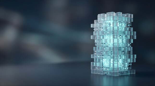 Abstract glowing digital server tower made of glass cubes for tech concept