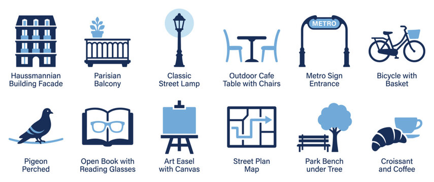City life icons set. European urban street elements concept. Includes Haussmannian building, Parisian balcony, street lamp, cafe table, metro sign, bicycle, pigeon, open book, art easel,