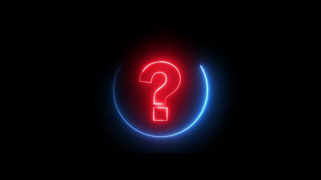 Neon question mark sign icon animation glowing red and blue color confusion mark quiz punctuation mark education exam sign sign symbol on black background