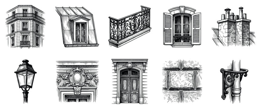 Paris architecture icons set. French building elements concept. Includes building facade, dormer window, balcony railing, open window, chimney, street lamp, ornate frieze, wooden door, wall