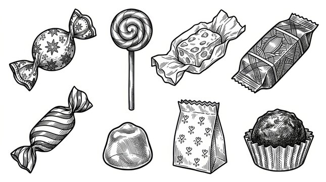 Assorted candies collection illustrated in a detailed vintage engraving style. Black and white vector artwork featuring scratchboard imitation, intricate etched linework.
