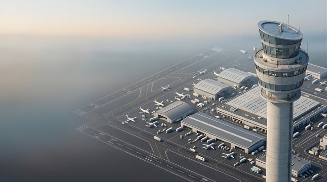Aerial view of an international airport terminal and control tower complex