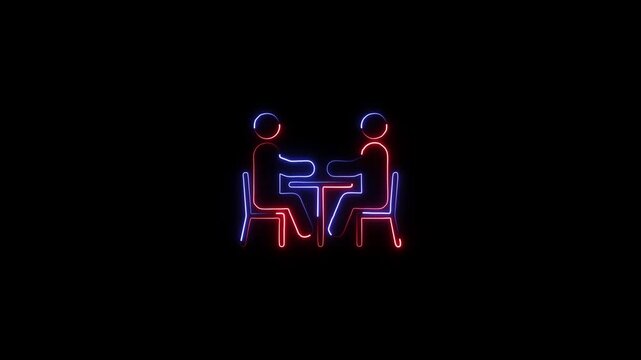 Bicolor blue and red neon light outline of two people at a table a glowing and line drawing showing simplified human figures sitting across from each other at a small