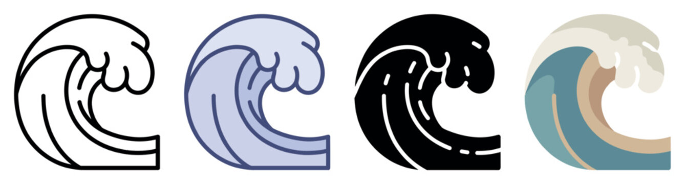 Ocean wave icons set. Marine nature and water element concept. Includes breaking wave, sea swell, water crest, surf, tidal wave, ocean current. Flat and line style