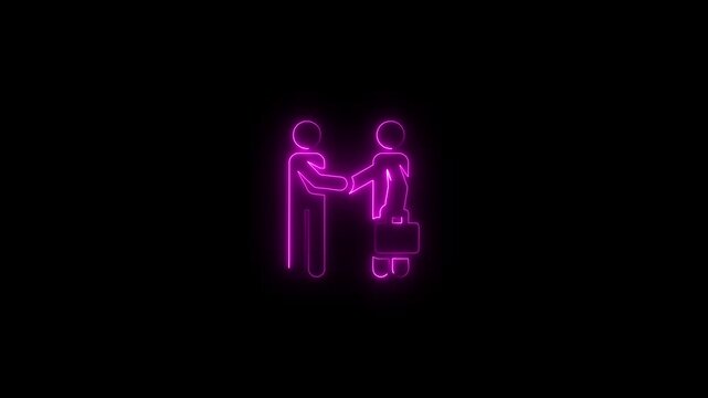 Purple neon business handshake icon a glowing line art animation of two professionals shaking hands, one holding a briefcase deal agreement partnership success briefcase