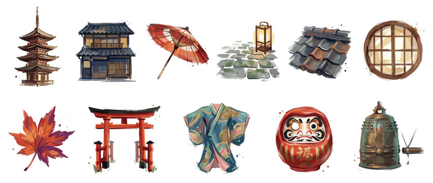 Japanese culture icons set. Traditional Japan travel and heritage concept. Includes pagoda, traditional house, umbrella, lantern, roof tiles, round window, maple leaf, torii gate, kimono,