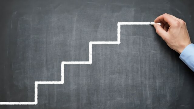 A hand drawing a white staircase chart on a dark black chalkboard background